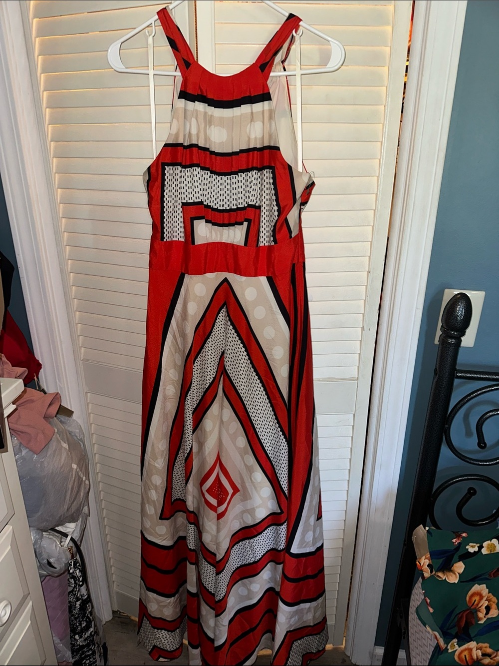Eliza J Red and Cream Geometric Halter Maxi Dress
